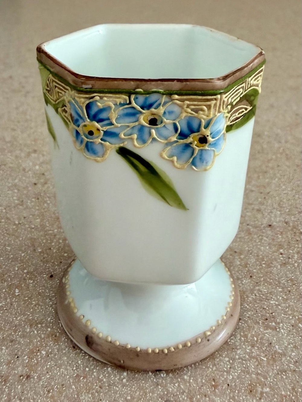 Antique Porcelain Toothpick Holder Blue Floral Hexagon Nippon Handpainted Japan